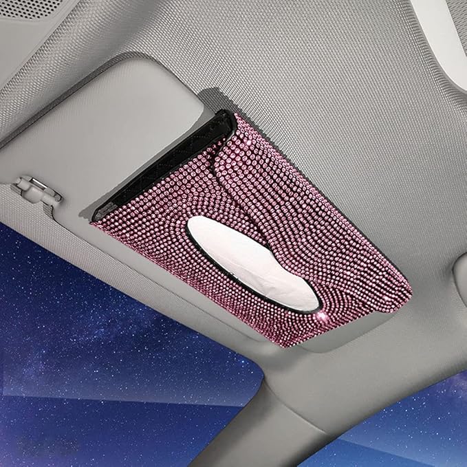 Bling Car Sun Visor Tissue Box Holder Pure Hand-Made Sparkling Crystal Auto Napkin Holder PU Leather Backseat Tissue Case for Women (Pink)