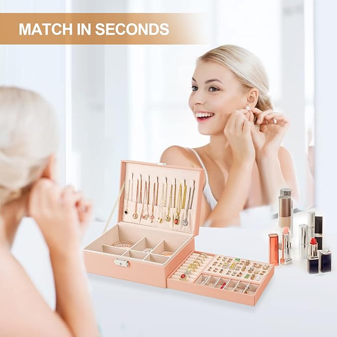 Jewelry Organizer Box, Leather Jewelry Box for Girls Gift Earring Organizer with Lock Double Layers Jewelry Case Removable Tr