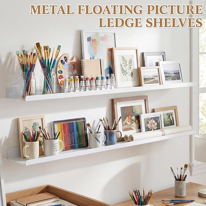 Pinkunn 2 Pack 48 Inch Metal Floating Picture Ledge Shelves, Wall Mounted Picture Shelf with Lip Heavy Duty Industrial Iron D