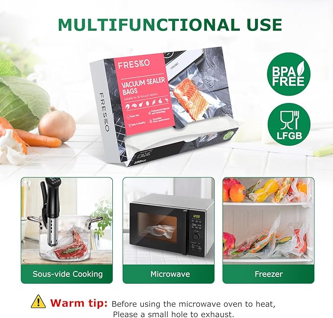 FRESKO Vacuum Sealer Bags Pint Size 100 Pack 6"x10", Seal a Meal Vac Sealers, Sous Vide Vacuum Safe, BPA Free, Heavy Duty Com