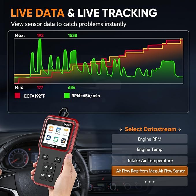 OBD2 Scanner with Battery Tester - Vehicle Code Reader for Check Engine Light, Plug and Play, Car Scanner Diagnostic Tool for