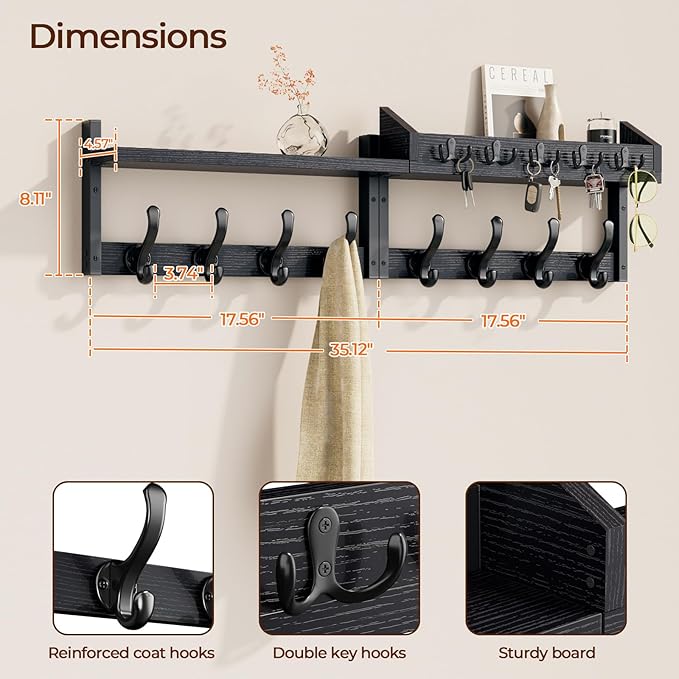 Evermagin 35" Coat Rack Wall Mount with Shelf, 4 in 1 Coat and Key Hanger with 13 Metal Hooks, Entryway Wall Mounted Shelf wi