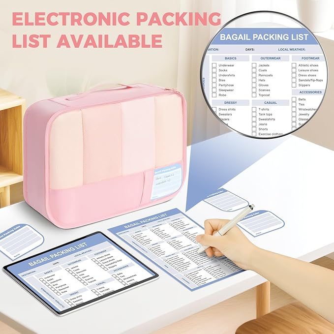 BAGAIL 9 Set Packing Cubes with Packing List Luggage Packing Organizers for Travel Accessories (Pink)