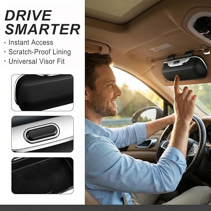 Sun Visor Sunglass Holder for Car, Protective Clip-on Sun Glasses Case for Car, Universal Sunglass Organizer for SUV, Sedan & Truck (Black)