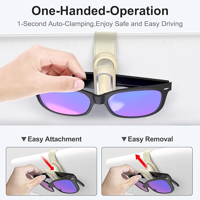 Veharvim Sunglass Holder for Car (2 Pack, One-Handed Operation, Gentle & Secure Hold, Silicone Padded, Universal Fits Sunglass and Car Visor) - Sunglasses Clip for Car Visor (Beige, 2 Pack)