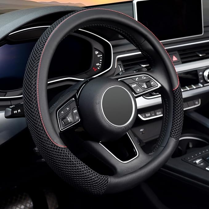KAFEEK D Shape Steering Wheel Cover, Universal 15 inch, Microfiber Leather Viscose, Breathable, Anti-Slip,Warm in Winter and 