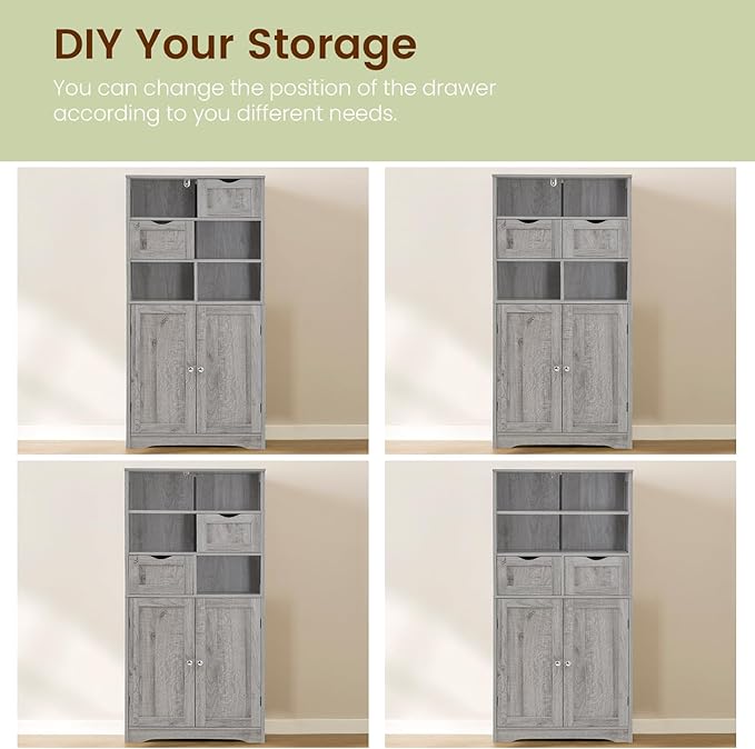 Iwell Storage Cabinet with 2 Drawers & Adjustable Shelf, Tall Bathroom Cabinet with Doors, Cupboard, Kitchen Cabinets for Liv