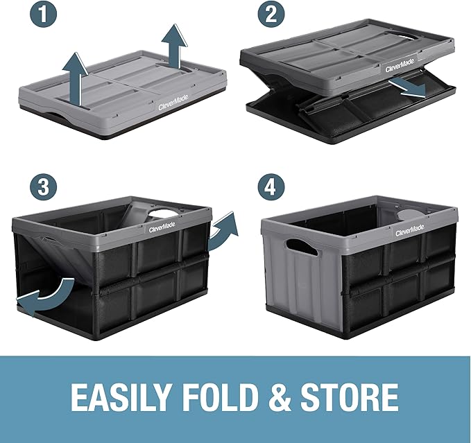 CleverMade Collapsible Storage Bins 62L (3-Pack) – Heavy Duty Collapsible Plastic Storage Bins, Large Stackable Folding Stora