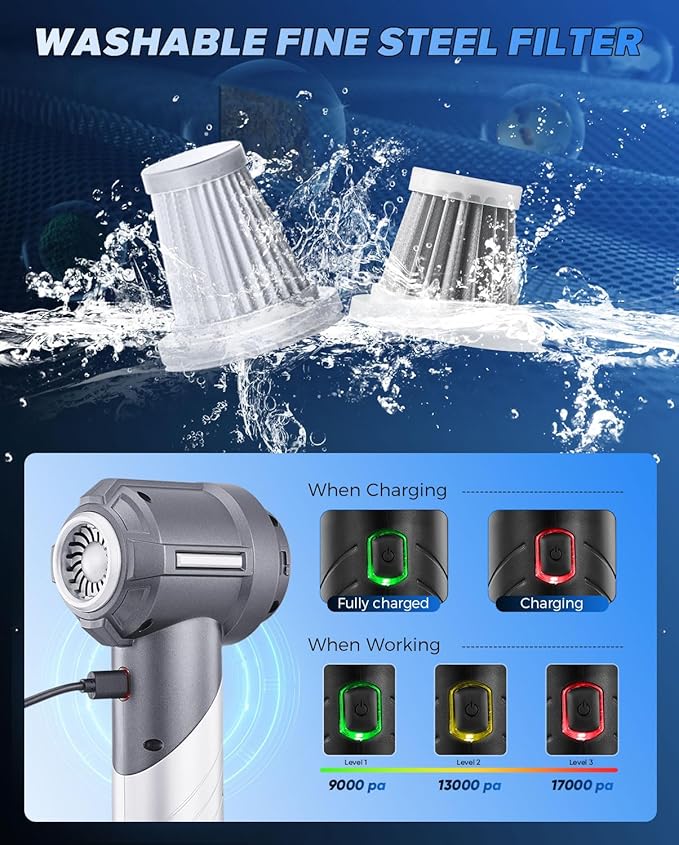 Saker Car Vacuum Portable Cordless, Foldable Mini Handheld Vacuum Cordless and Air Duster 17000PA High Power Vacuum Cleaners 