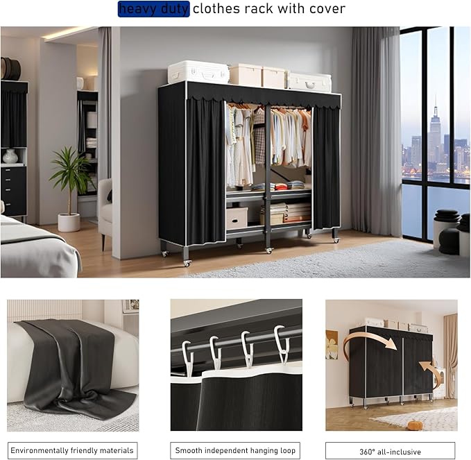 Heavy Duty Portable Wardrobe Closet, Metal Foldable Covered Clothes Rack, 1500LBS, Freestanding Closet System Rolling Garment
