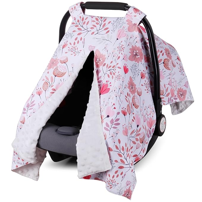Rquite Car Seat Cover Baby, Carseat Covers Baby Girl, Minky Infant Car Seat Cover Winter, Peekaboo Opening Car Seat Canopy, M