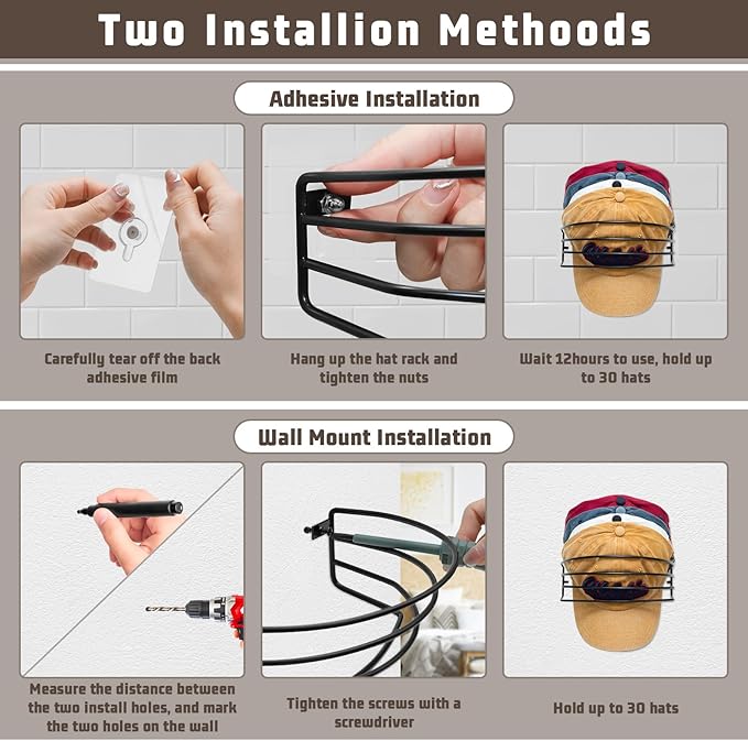 Fikoksol Hat Organizer for Baseball Caps, 2-Pack Black Metal Hat Rack for Wall Door, Adhesive/Wall Mounted Hat Storage Holder
