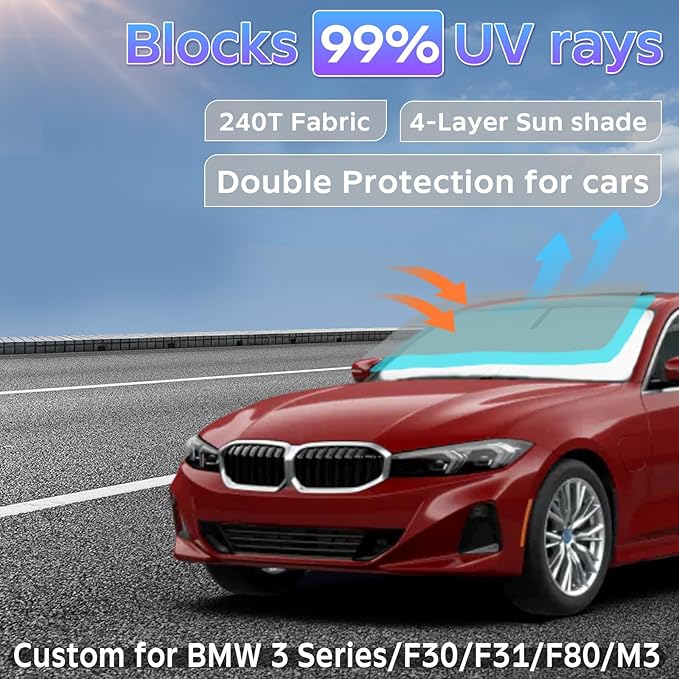 Sun Shade Sunshade for BMW 3 Series F30/ F31/ F80/ M3 2020-2024 2025 2026 Windshield Cover, 4-Layers Sun Shield for 328i 335i 320i 330i 325i 250T Silver Coating Sun Visor Foldable Window Shade