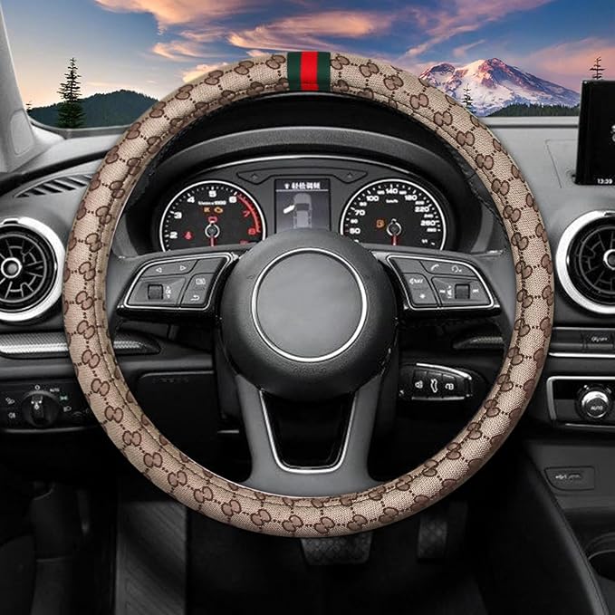 5PCS Steering Wheel Cover, with 2 Headrests, 2 Seat Belt Covers - Universal Fit for 14.5-15" Steering Wheel, Enhances Driving Experience - Perfect for Women (Beige)