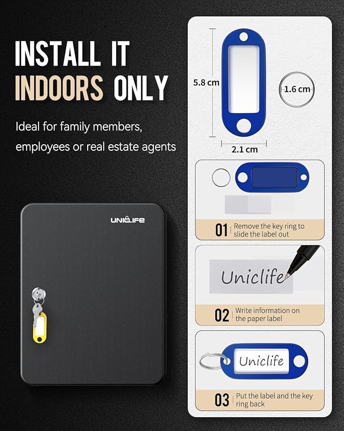 Uniclife 60 Position Key Cabinet with Key Lock Wall Mounted Black Security Storage Box Steel Key Organizer with Colorful Key 