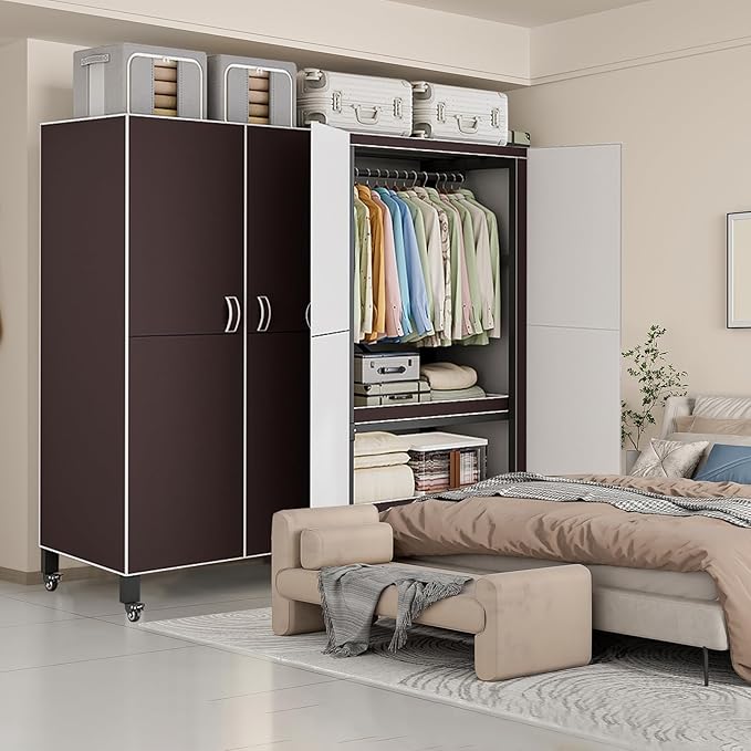 Heavy Duty Covered Clothes Rack with Magnetic Door Foldable Portable Wardrobe Closet for Hanging Clothing Rolling Black Metal