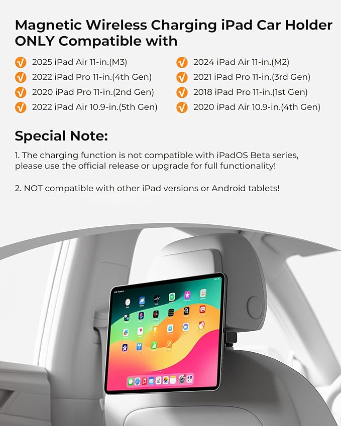 KU XIU Magnetic Wireless Charging Car Headrest Tablet Holder for iPad Pro 11/Air 11 M2/M3, Long Arm Tablet Mount Back Seat for Kids, Road Trip Essentials Stand for iPad Pro 11" 1/2/3/4, Air 10.9" 4/5