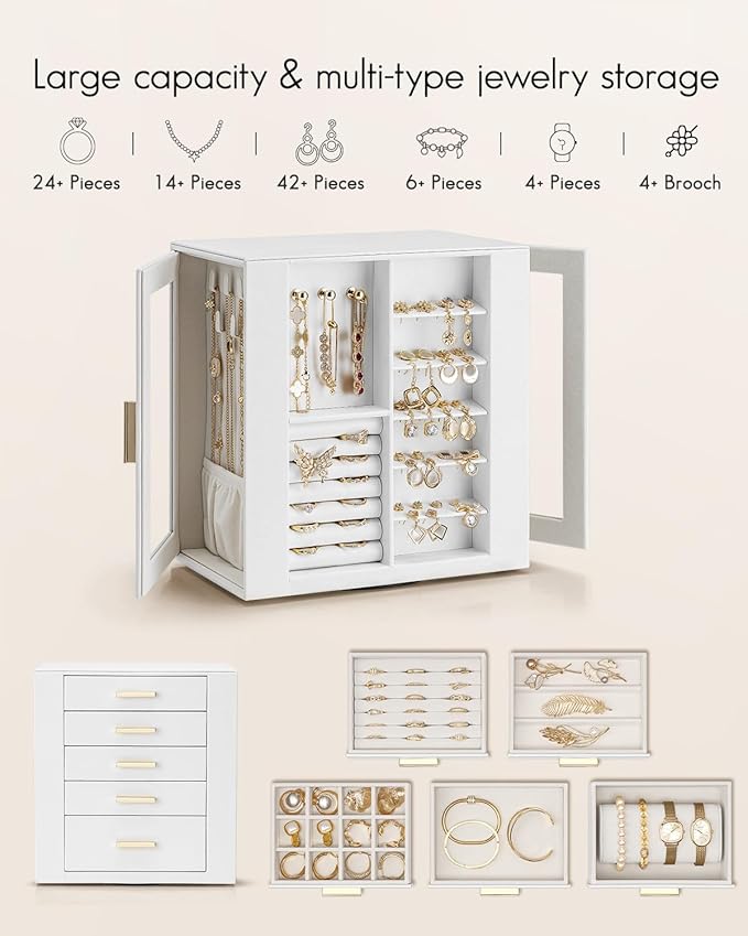 Vlando 360° Rotating Jewelry Box with 5 Drawers, Large Jewelry Storage with 2 Glass Window, PU Leather Jewelry Organizer for 