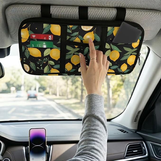 Lemon Car Visor Organizer, Multipurpose Car Sun Visor Organizers with Zipper Lightweight Portable Auto Sunshade Organizer Bag Polyester Soft Truck Sunvisor Organizers for Most Vehicles