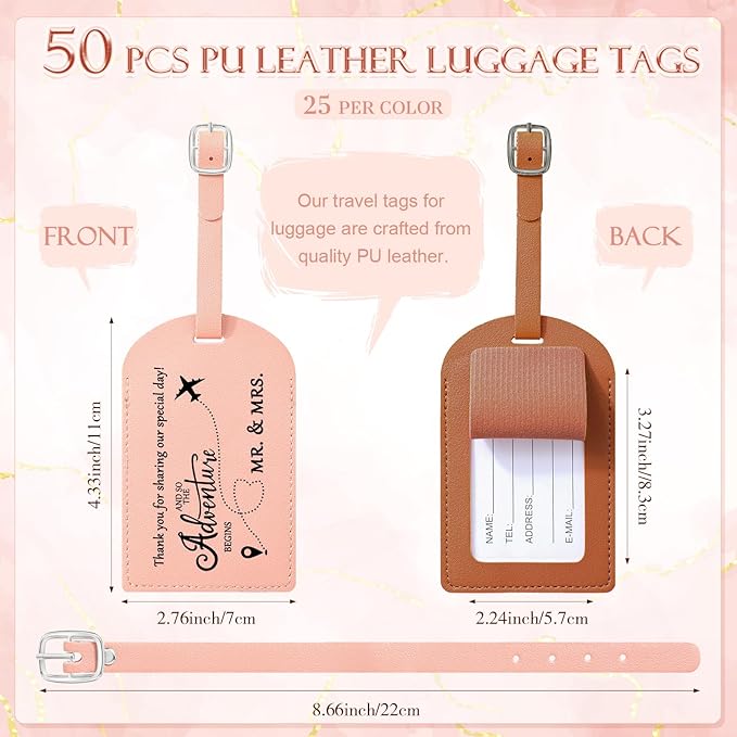 Dandat 50 Sets Wedding Favor Gifts for Guests Bulk PU Leather Honeymoon Travel Luggage Tags with Name Tel Address Cards and O