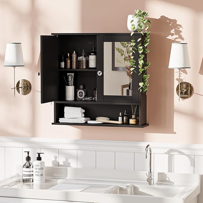 VINGLI Black Medicine Cabinet with Mirror, Wall Mounted Bathroom Cabinet with Open Shelf, 2-Door Hanging Storage Organizer Ov