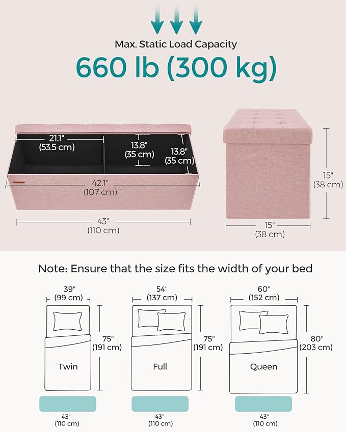 SONGMICS MAZIE Collection - 43 Inches Folding Storage Ottoman Bench, Ottoman Foot Rest, End of Bed Bench, Storage Chest, Load