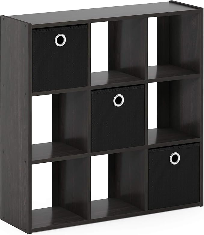 Furinno Simplistic 9-Cube Organizer with Bins, Small Size (Assembled unit dimensions : 7.9"D x 26.5"W x 26.7"H inches), Espre