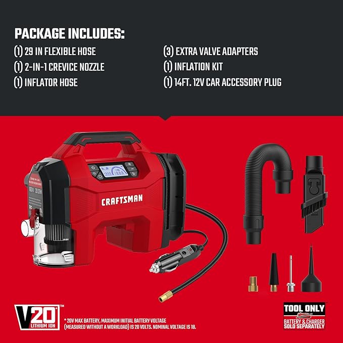 CRAFTSMAN Inflator/Vacuum/Blower 3-IN-1,Tire Inflator Portable Air Compressor with LED Light,Quiet Car Vacuum or Blower, 160 PSI for Car RV Truck,12V DC Corded and 20V DC Cordless,Tool Only