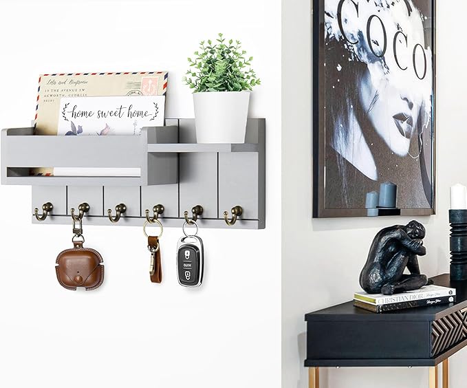 RelaxScene Key Holder Wall Mount - Key Hooks for Wall Decor Living Room - Wooden Key Hanger Rack and Mail Organizer with Shel