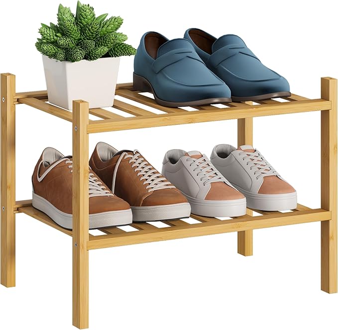 BMOSU 2-Tier Bamboo Small Shoe Rack Premium Stackable Shoe Shelf Storage Organizer for Hallway Closet Living Room Entryway Or