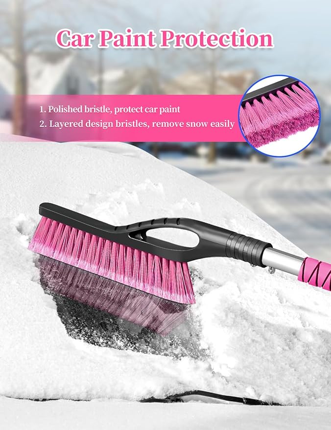HEEYA 42.2 Inch Ice Scraper and Brush for Car, Snow Brush and Ice Scraper for Windshield Window, Car Snow Scraper with Foam Grip for SUV Truck Jeep Vehicle - Pink