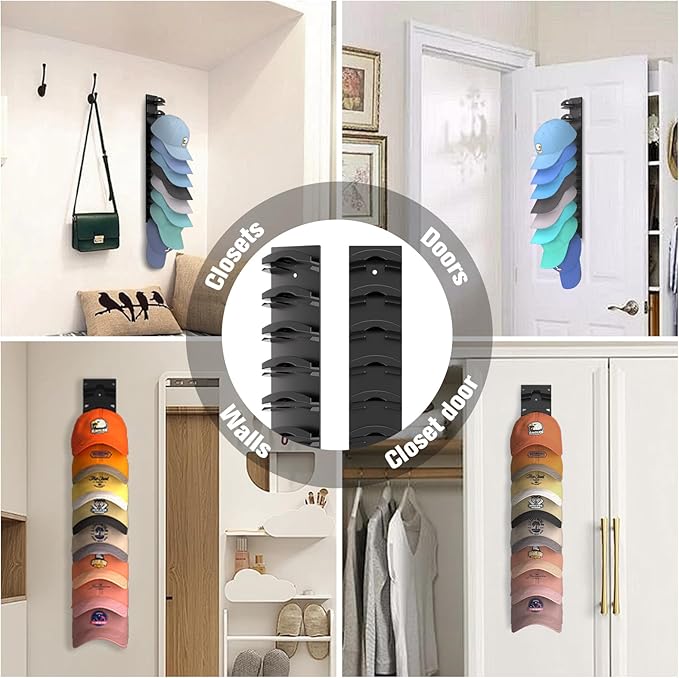 Hat Organizer for Baseball Caps 4Pack, Hat Rack for Wall with Strong Adhesive Hold up to 40 Hats, Hat Hanger Holder Display f