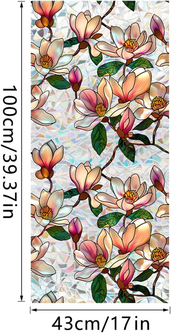 Niviy Magnolia Flowers Stained Glass Window Film, Rainbow Window Film Glass Decals Static Cling Stickers, Windows Tint for Home Bathroom (16.93 x 78.7inch)