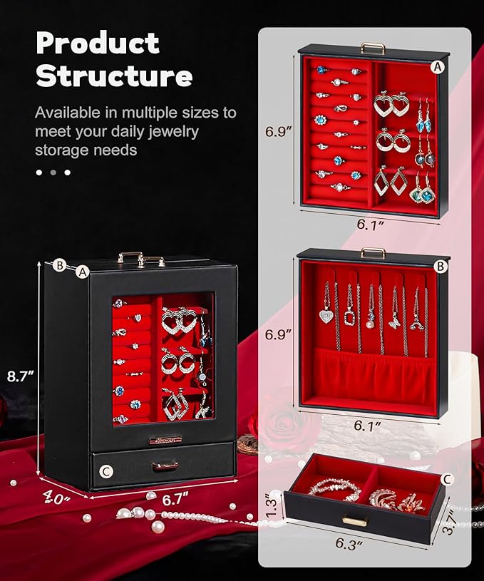 Homde Jewelry Organizer Girls Women Jewelry Box for Necklaces Rings Earrings Gift Bracelets Storage Case (Black + Red + Gold)