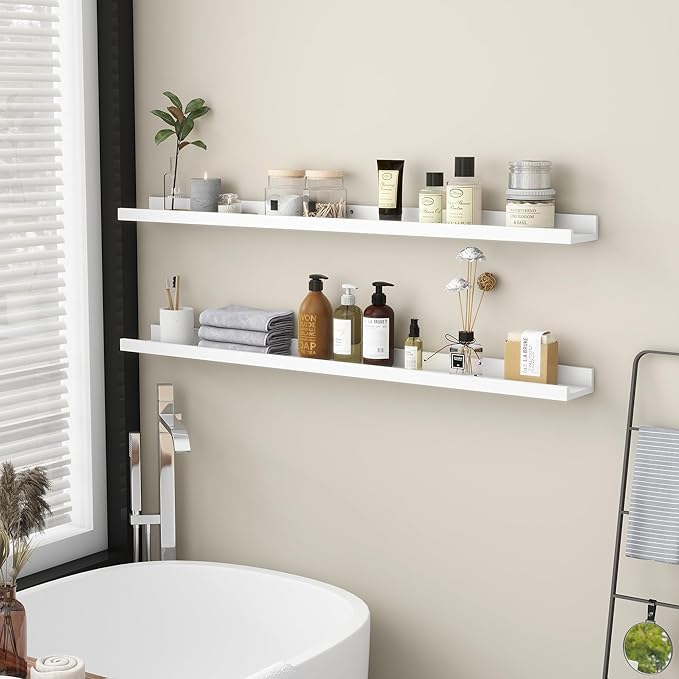 Picture Ledge Shelf for Wall, 48 inch Solid Pine Wood Nursery Book Shelves 2 Packs, Floating Ledge Shelves for Kids' Room Bed
