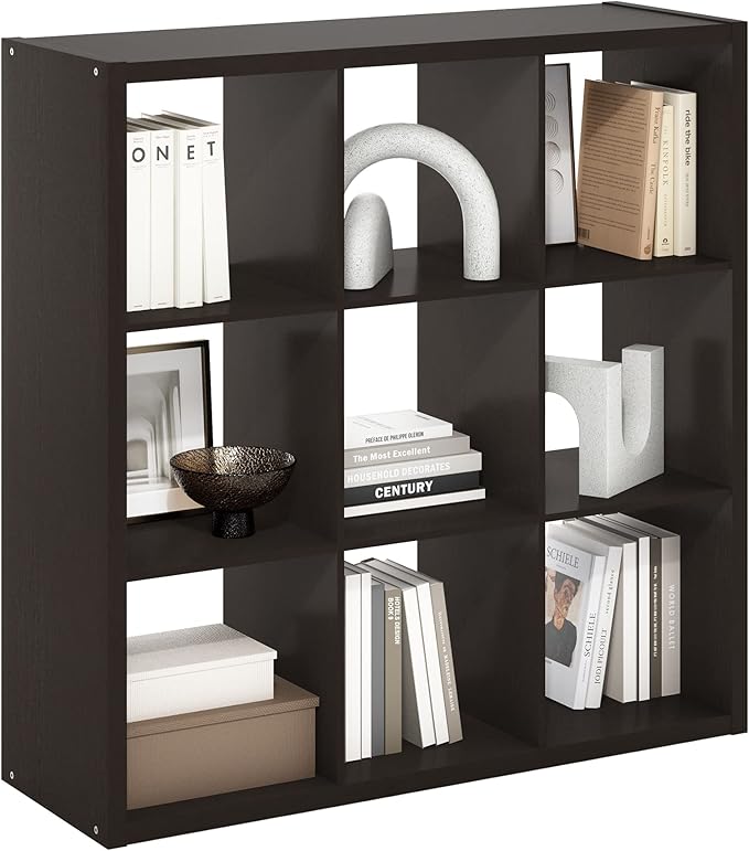 Furinno CUBICLE Book Shelf, 9-Cube Bookshelf, Extra Thick Frame Reversible Bookcase with Open Back, 14.6" x 44" x 44", for Li