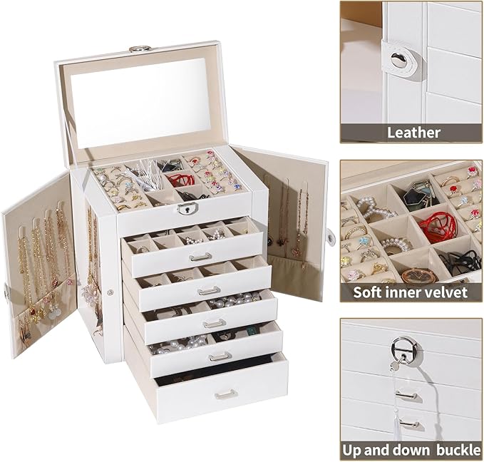 BOOVO Jewelry Box For women, 6 Layer Large Jewelry Organizer With Mirror, Multi-Function Storage Box With Lock, Accessory Hol