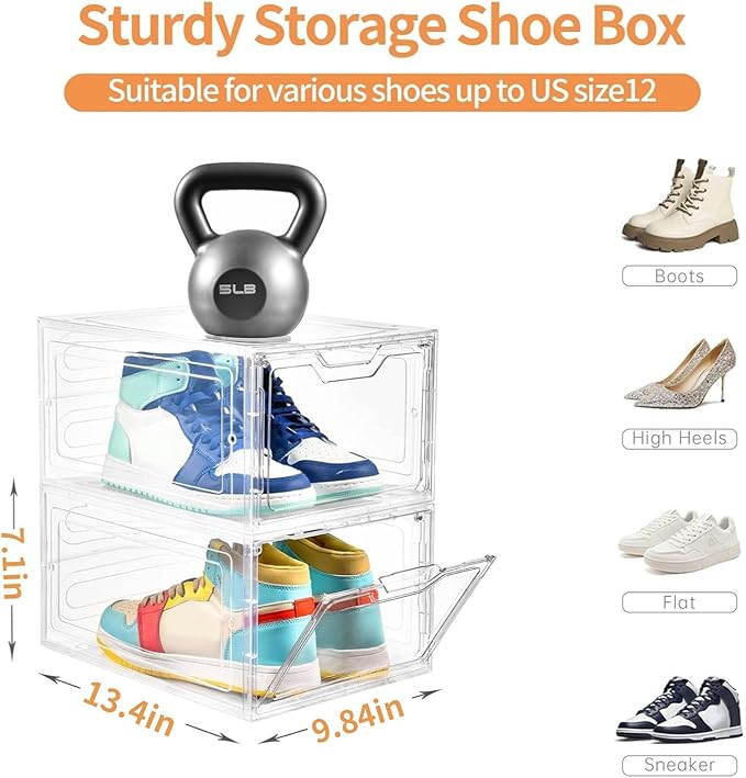 12 Pack Thicken & Sturdy Clear Shoe Storage Organizer with Magnetic Door, Shoe Boxes Clear Plastic Stackable for Closet, Shoe