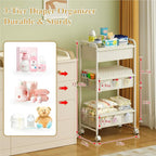 3-Tier Baby Diaper Caddy Cart Organizer,Mobile Nursery Storage Carts with Wheels,With 2 Dividers&14 Mesh Pockets Durable Meta