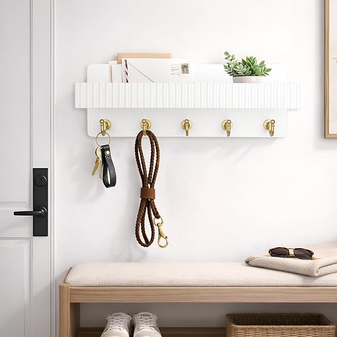 Key Holder Wall Mount, 14" Wooden Entryway Key and Mail Organizer with 5 Metal Hooks, Decorative Key Hanger Rack for Hallway 