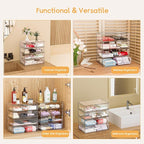 Clear Stackable Makeup Organizer with Drawer, 12''W Acrylic Storage Drawers, Cosmetic Display Case for Vanity Bathroom Counte
