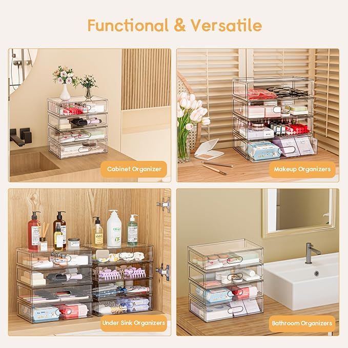 Clear Stackable Makeup Organizer with Drawer, 12''W Acrylic Storage Drawers, Cosmetic Display Case for Vanity Bathroom Counte