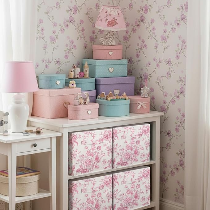 Geelin 6 Pcs Pink Floral Cube Storage Bins 11 Inch Pink Flower Storage Basket with Handle, Preppy Girls Organizer Basket, Col