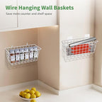 4PCS Hanging Wall Basket Wire Storage Baskets, White Wire Basket for Cabinet Door Organizer with 8 Hooks, Wall Mounted Shelf 