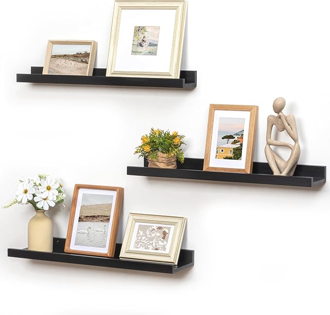 Picture Ledge Wall Shelves 24 inches Width Set of 3, Solid Pine Wood Rustic Floating Ledge Shelves for Kids' Room Bedroom Kit