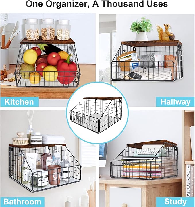 MSJGA Laundry Room Shelves Wall Mounted with Storage Basket - Farmhouse Stackable Wire Wall Shelves Organizer for Towels, Det