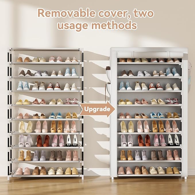 LANTEFUL Shoe Rack with Covers 10 Tier Tall Shoe Rack Organizer Large Capacity Shoe Shelf Storage 40 Pairs Space Saving Free 