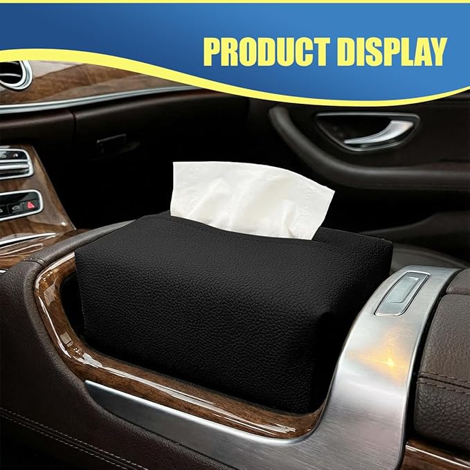 Car Tissue Holder, Leather Auto Headrest Hanging Napkin Box with Magnet-Attracting Adhesive Strip, Universal Vehicle Interior Paper Storage Organizer for Sun Visor, Center Console (Black)