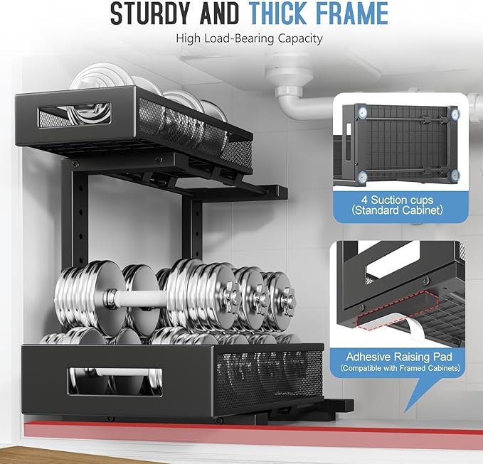 2-Pack Under Sink Storage Organizer, Large 2-Tier Elegant Mesh Pull Out Shelf for Kitchen and Bathroom Cabinet Organization, 