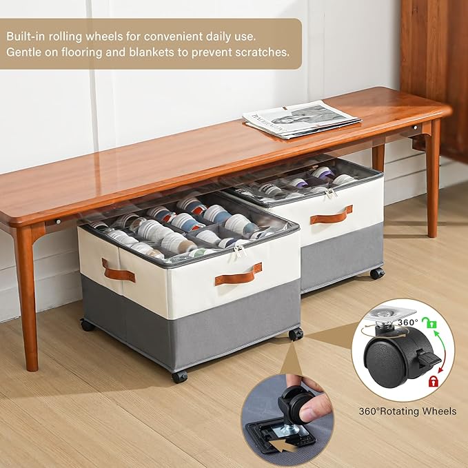 INSTY 2 Pack Shoe Organizer for Closet,Shoe Storage Organizer with Wheels, Fits up to 32 Pairs,Adjustable Dividers,Fabric Sho